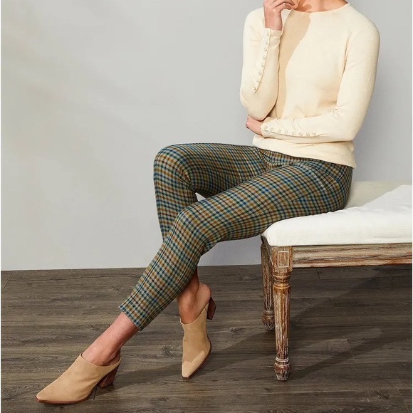 J. McLaughlin Yara Olive Green Blue Houndstooth Plaid Cropped Pants size 2 - Picture 3 of 11